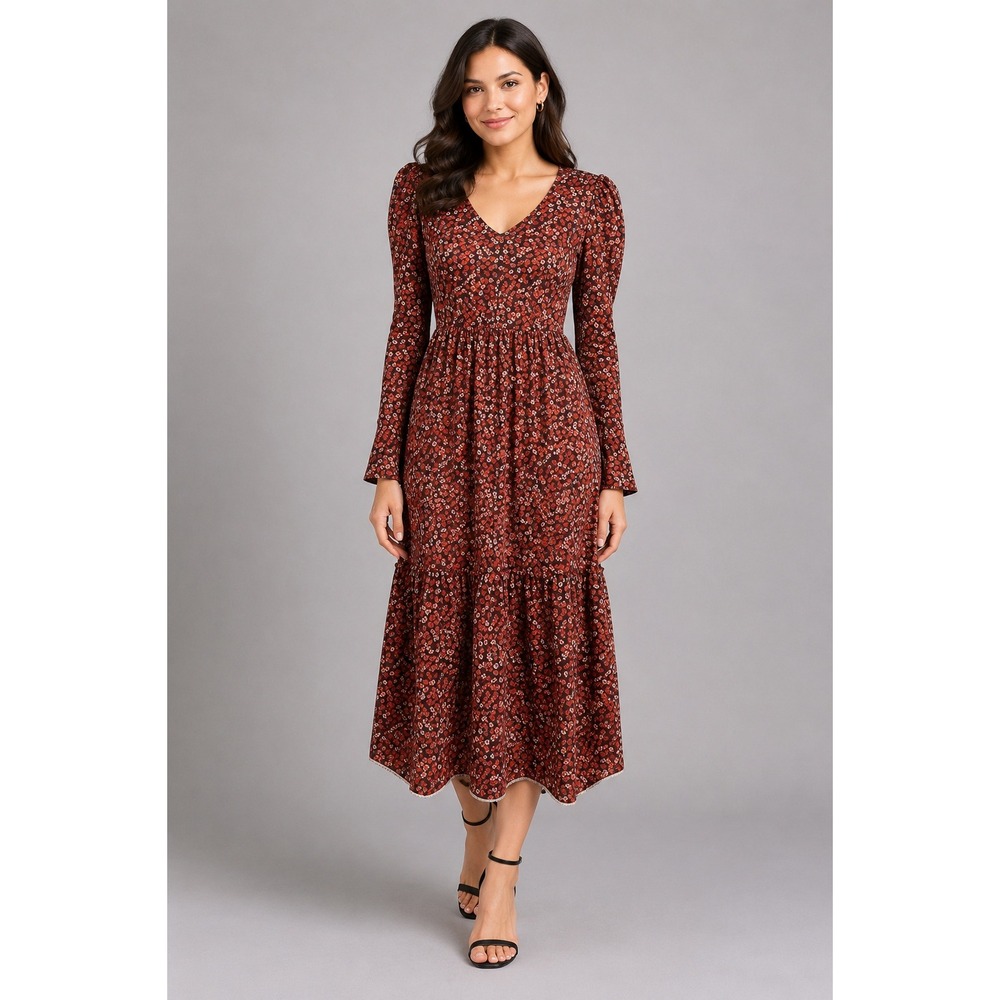 Brave Soul London Floral Midi Dress Size M Burgundy Red Ditsy Tiered V-Neck LDRW